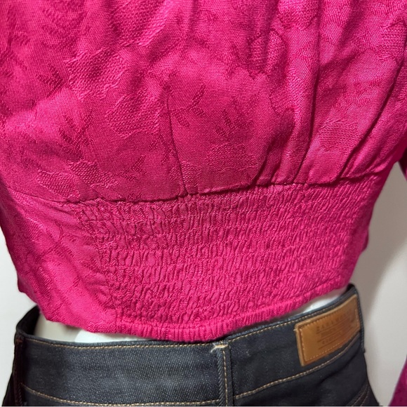 Anthropologie Rahi Rahi square Neck Puffy Sleeve Brocade Crop Top Pink small AB - Picture 6 of 11